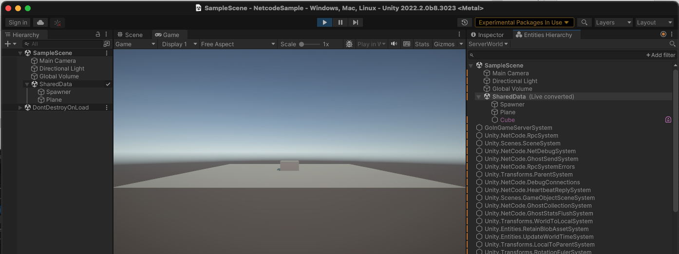Unity Editor displaying the networked cube tutorial scene and Netcode entity hierarchy