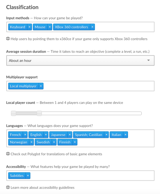 itch.io classification form showing input methods, session length, multiplayer, languages and accessibility fields