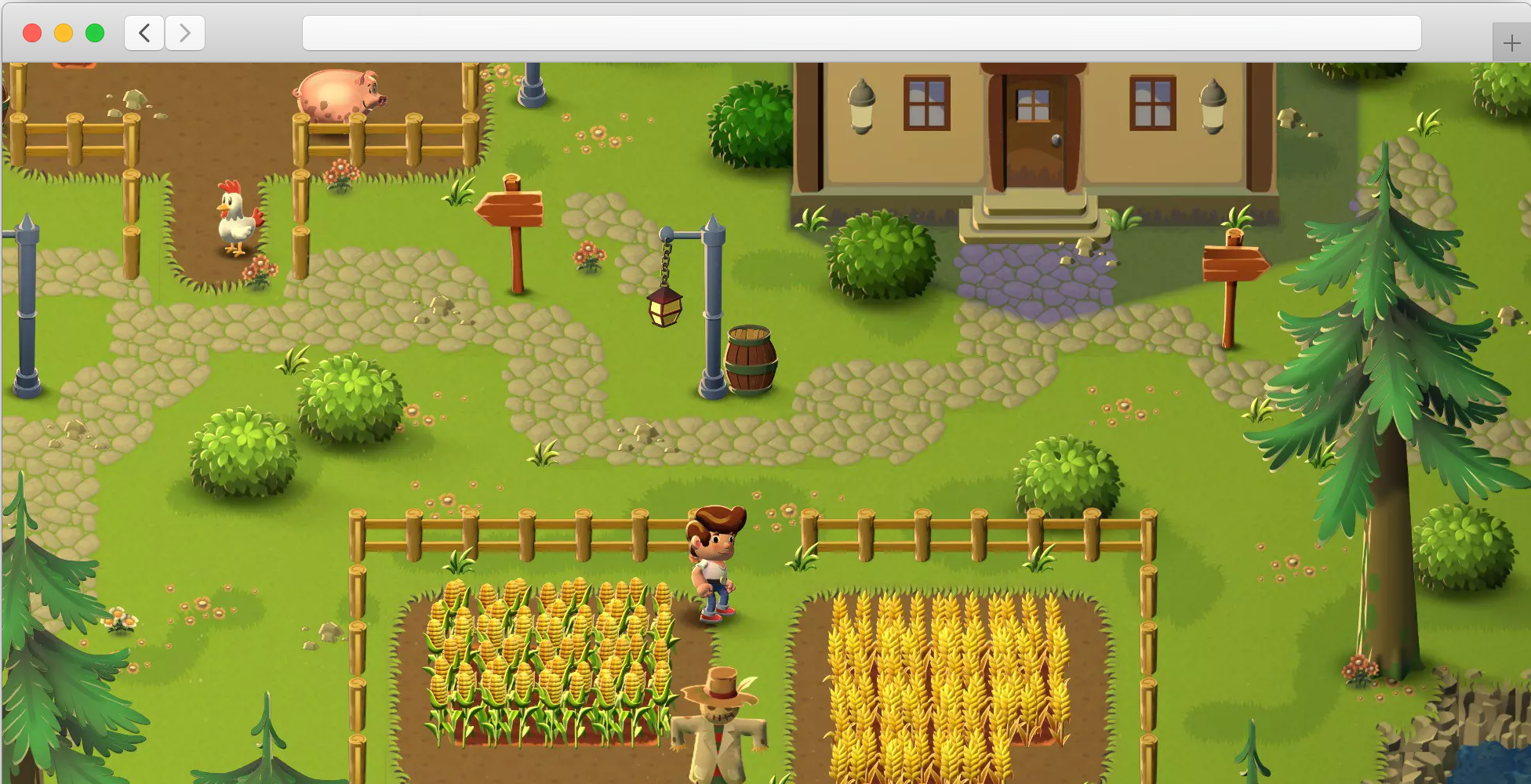 A colorful 2D farm-and-village game running in a desktop web browser