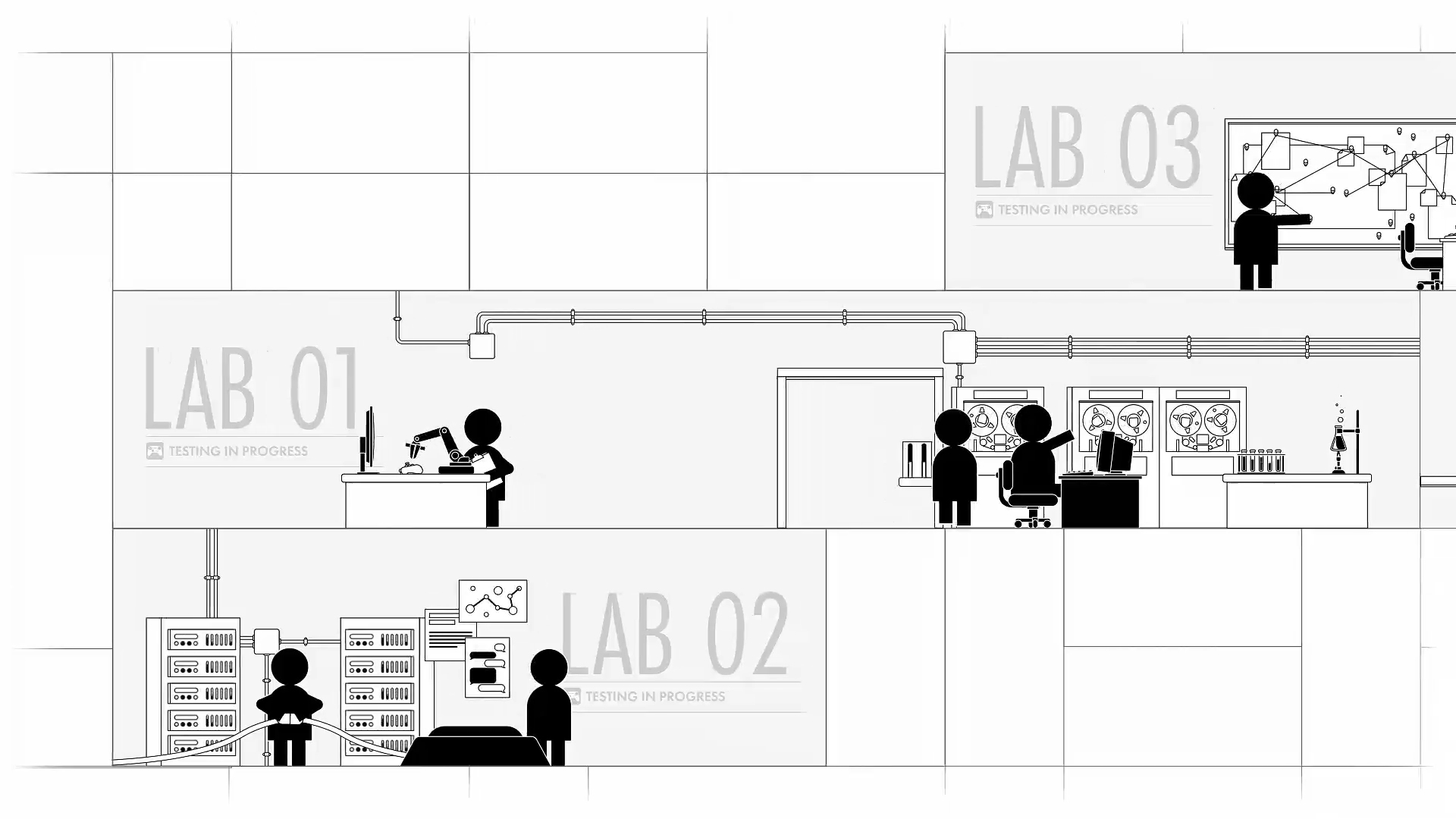 Monochrome Steamworks illustration showing development, testing and server operations across three labs