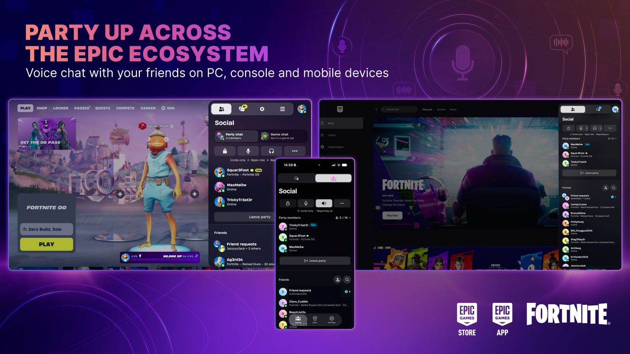 Epic Parties artwork showing Fortnite, Epic Games Launcher and mobile party interfaces