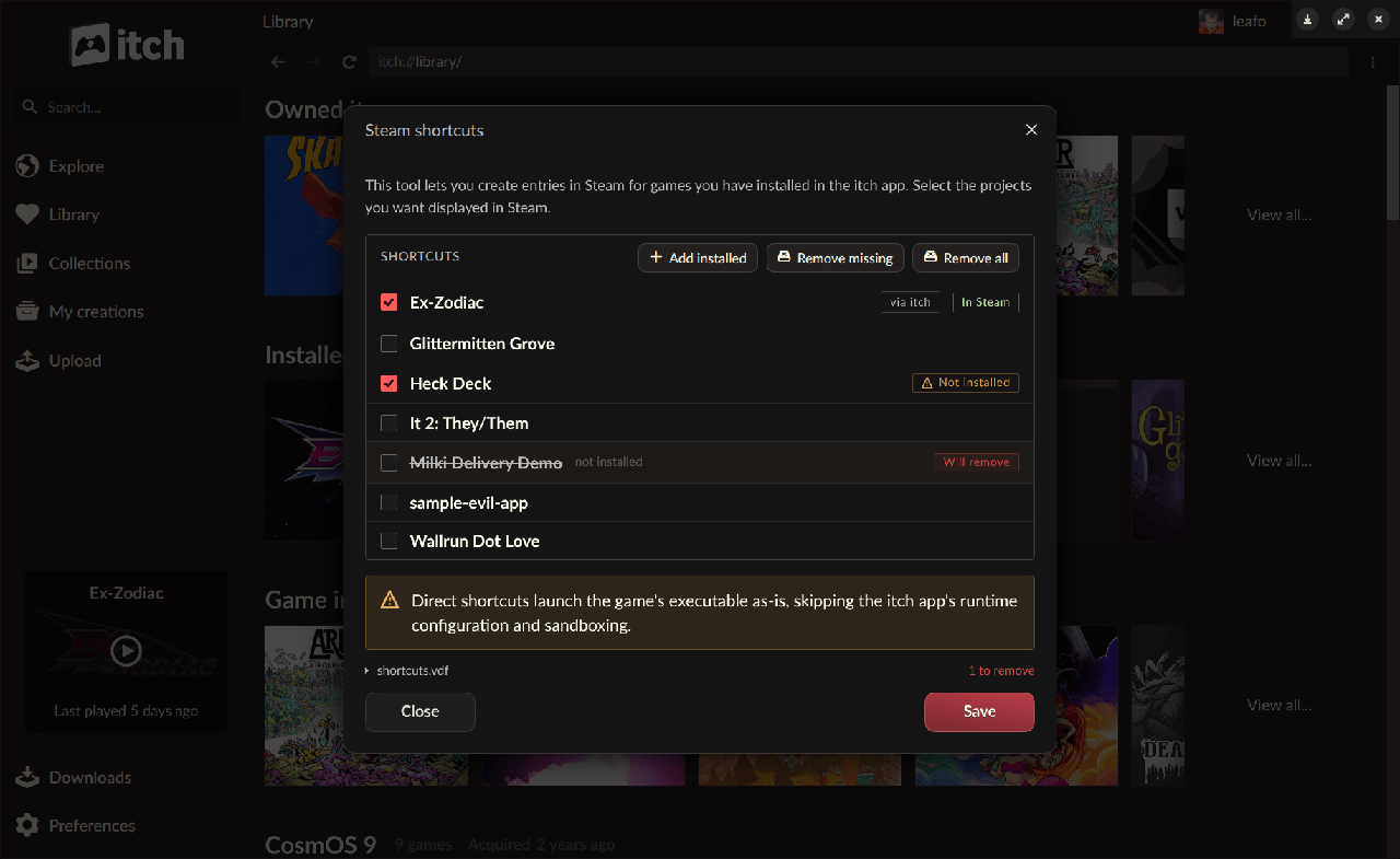 Image published with the source announcement: itch.io adds Steam shortcuts for installed games